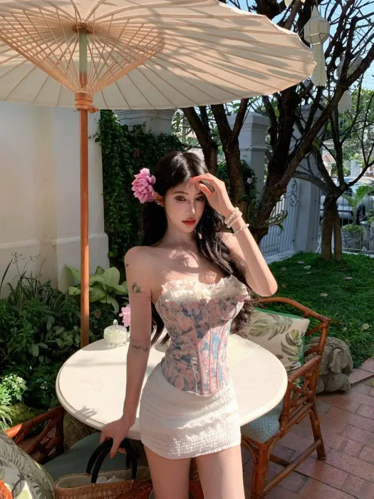 Coquette Floral Lace Corset 2 Piece Set Women Strapless Crop Top High Waist Bodycon Mini Skirt French Elegant Sexy Party Outfit view 2