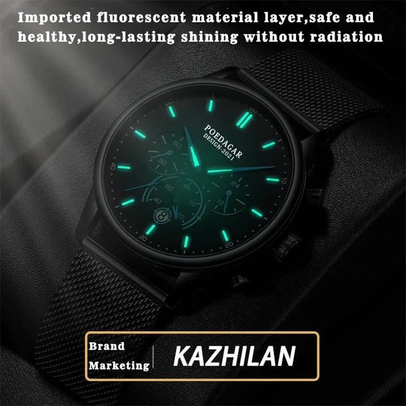 POEDAGAR Korean Style Mens Watch Sport Luxury Brand Waterproof Calendar Quartz Wristwatches Man Fashion Luminous Stopwatch Clock