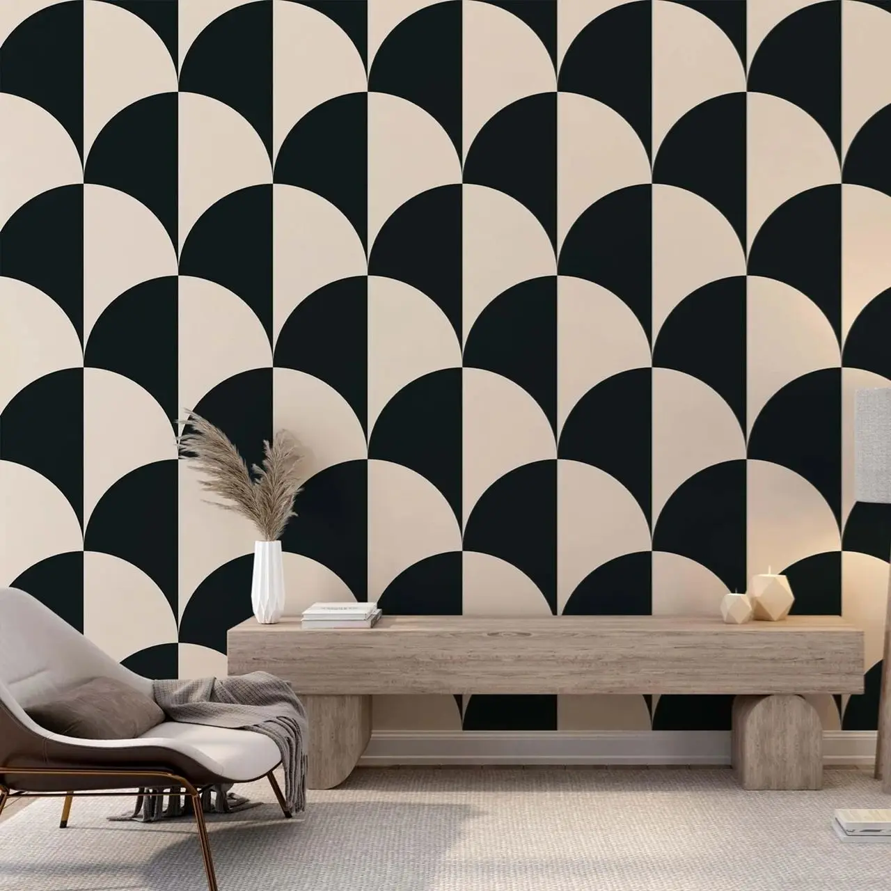 ورق جدران نصف قمر كريمي وأسود هندسي لتزيين الحائط، ورق جدران قابل للإزالة وقابل للتقشير واللصق، ورق جدران بسيط مجاني من مادة PVC