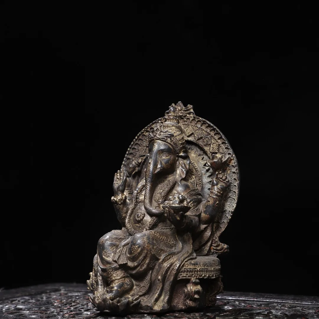 Old copper Qing Dyansty copper Golden Elephant Nose God of Wealth Buddha Statue, Free shipping