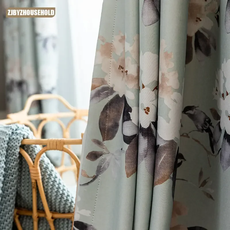 

Printed Pastoral Watercolor Flowers Curtains for Living Dining Room Bedroom Chinese Style High-precision Blackout Curtains
