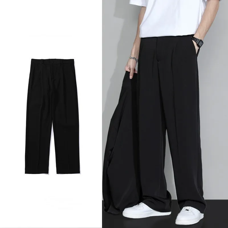 Korean-style Men\'s Dress Pants for Summer, Thin, Loose, Straight Wide-leg Shorts, Casual Business Ice Silk Drapey Long Pants