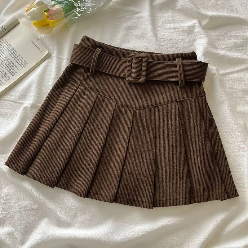 

Cord Belted Pleated Skirt Texture Corduroy Box Pleat Mini Skirt with Belt Women Teen-girl Academy School Autumn Winter Outfit