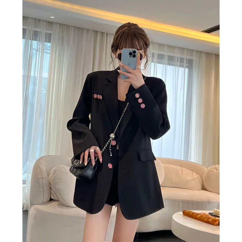 New Chinese-style Pink Small Suit Jacket for Women Solid Color Button Long-sleeved Cardigan Top