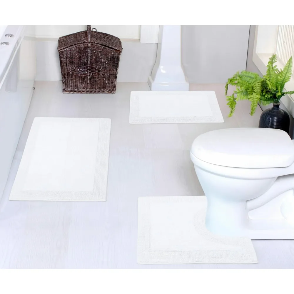 

Reversible Cotton Bathroom Rugs Set, Washable Non-Slip Mat, Ultra Soft Absorbent for Family Home, 3 Piece White