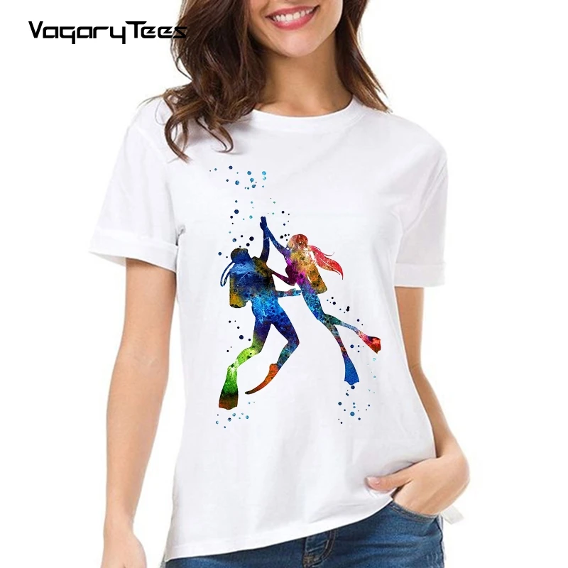 Women's scuba divers couple print T-shirt high quality O Neck top quality casual short sleeve o-neck scuba diving sport tshirt