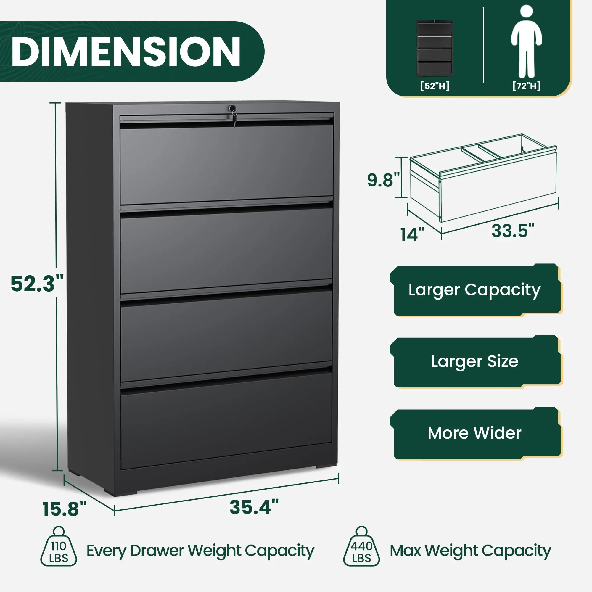 4 Drawer Lateral File Cabinet, Metal Filing Cabinet for Home Office, Black