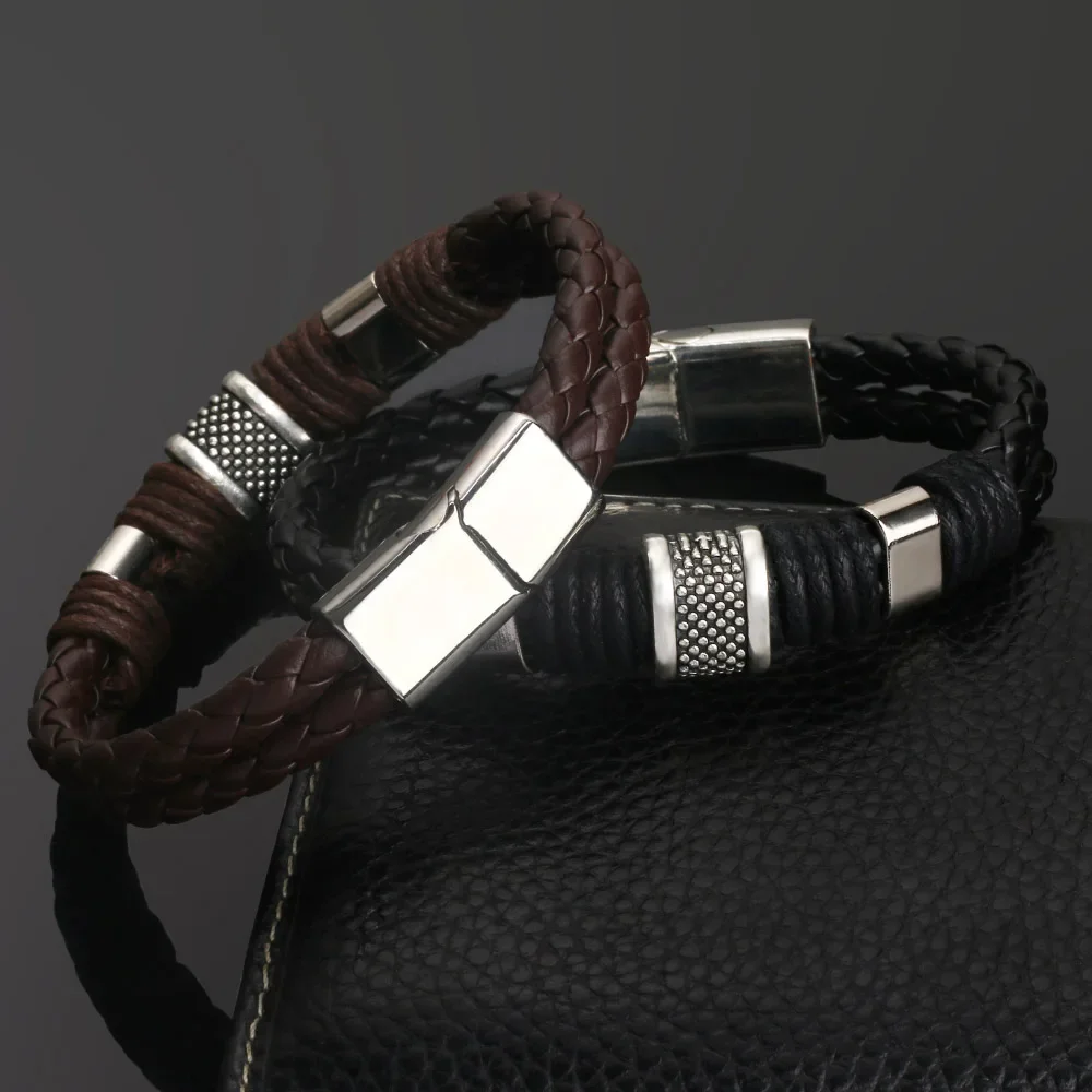 Bracciale da uomo punk intrecciato in vera pelle blu Bracciale con fibbia magnetica in acciaio inossidabile nero Bracciale punk Gioielli Regali maschili