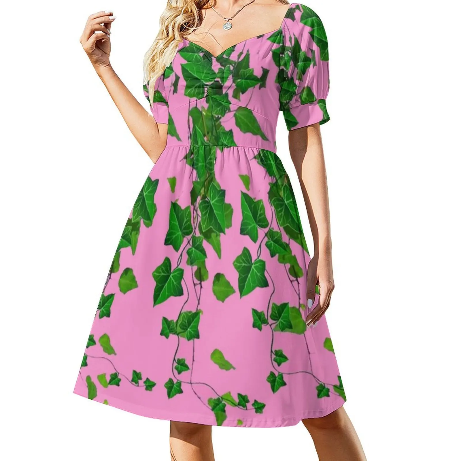 GREEN IVY HANGING LEAVES VINES PINK ART Short Sleeved Dress birthday dresses for women dresses for women 2025 Dress