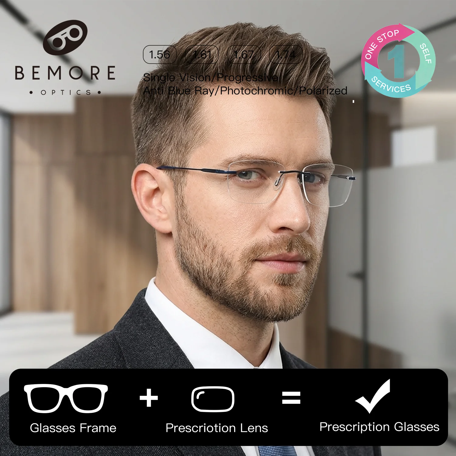 

BEMORE Optical Glasses With Prescription For Men Rimless Alloy Photochromic Anti Blue Light Grade Eyeglasses