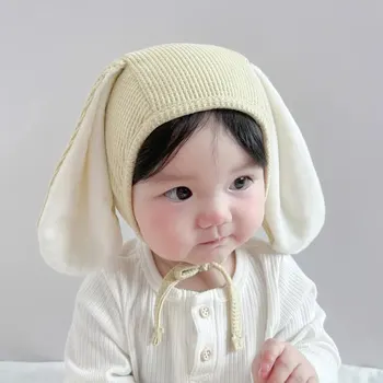 귀여운 토끼 아기 모자, 만화 토끼 따뜻한 귀 보호 유아 모자, 소년 소녀용 단색 부드러운 귀마개 모자, 보넷