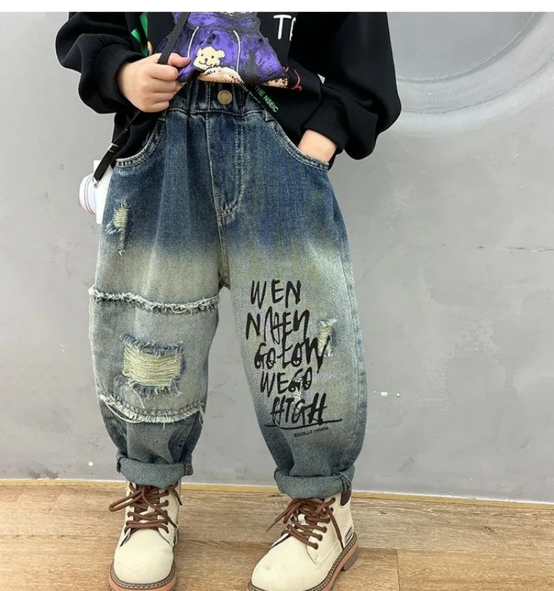 

Children's Jeans Spring and Autumn Boys Ripped Jeans Trousers Letter Jeans Western Gradient Baby Loose Pants