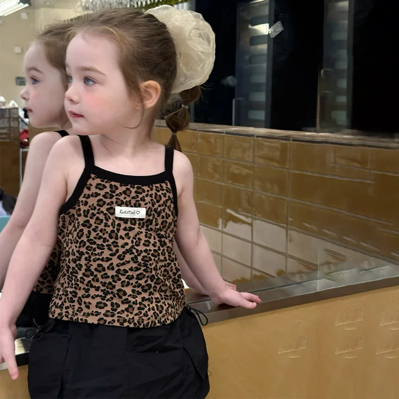 Boutique 2026 Summer New Kids Clothes Leopard Vest Halter Cute Baby Girls Top Fashion Cotton Tank Top 90-150cm