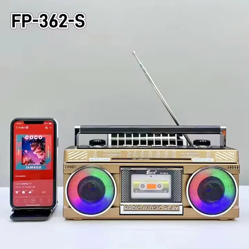 

FP-362S Ретро солнечный Bluetooth-динамик с двойным звуковым сигналом, стерео FM AM SWQ-2, 4-полосное антенное радио с диско-подсветкой, USB-плеер с TF-картой