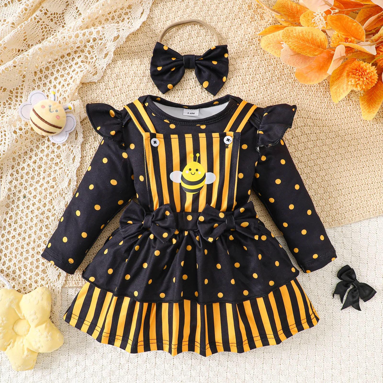 

Cartoon Bee Set for Baby Girls Polka Dot Striped Long-Sleeved Bodysuit Dress Hair Band Three-Piece Set Romper Birthday Gift