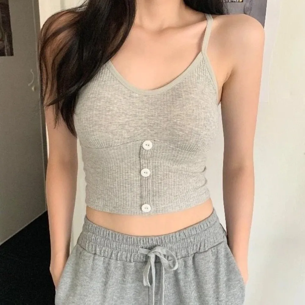 

Fashion Sweet Slim Crop Top Bottoming Shirt Spicy Girls Style Women's Short Vest V-neck Button Sleeveless Top Women