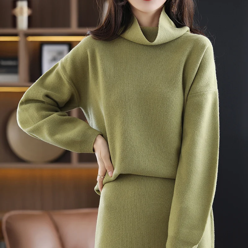 Fashion Suit Autumn Winter 100% Pure Wool Knitted High Quality Sweater Women Tops And Harem Skirt Two-Piece Female Girl Clothes