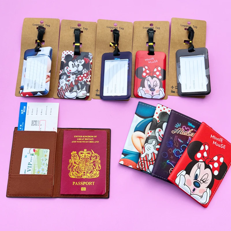 Porta pasaporte y etiquetas de equipaje de Minnie de Disney, funda para pasaporte de viaje, etiqueta de equipaje, tarjetero de identificación