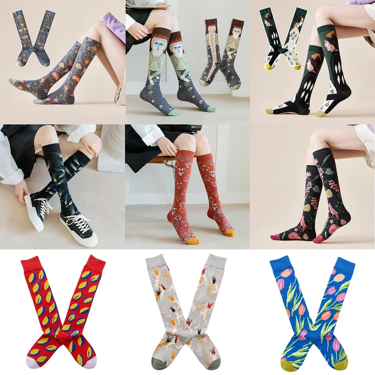 

Socks female mid-thigh calf and knee socks French retro illustration literary abstract street spring and autumn cotton socks