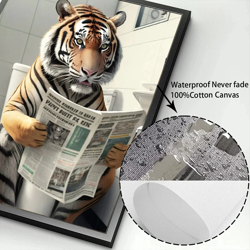 Funny Bathroom Humorous Animal Wall Decor Bear Dog Tiger Sitting on Toilet Reading Newspaper Poster Art Print Canvas Painting