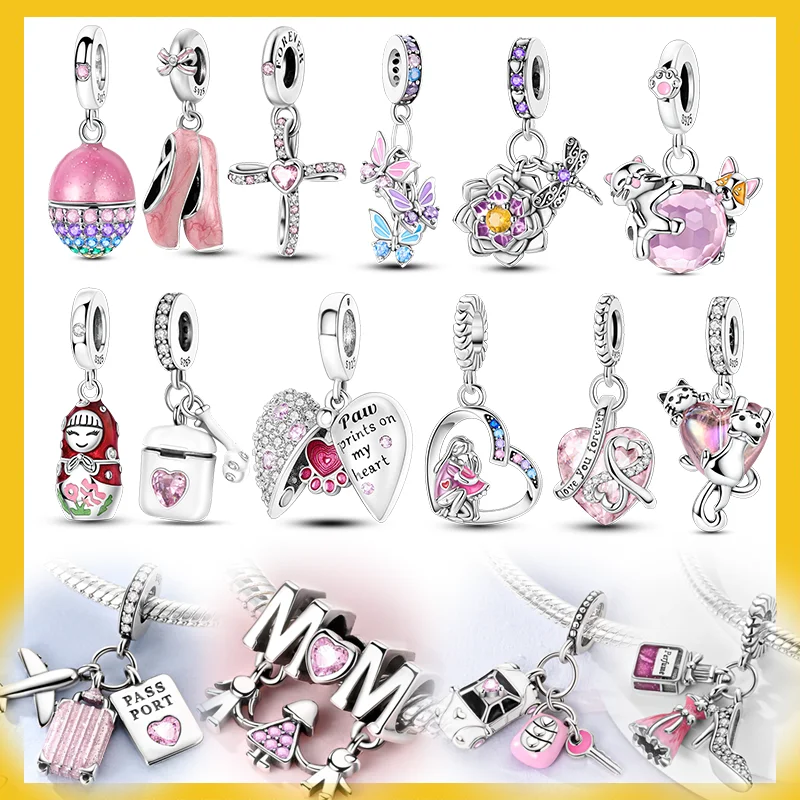 

925 Sterling Silver Pink Charms Beads Cross Butterfly Cat Luggage Pendants Fit Bracelet Pendant Women Jewelry Making