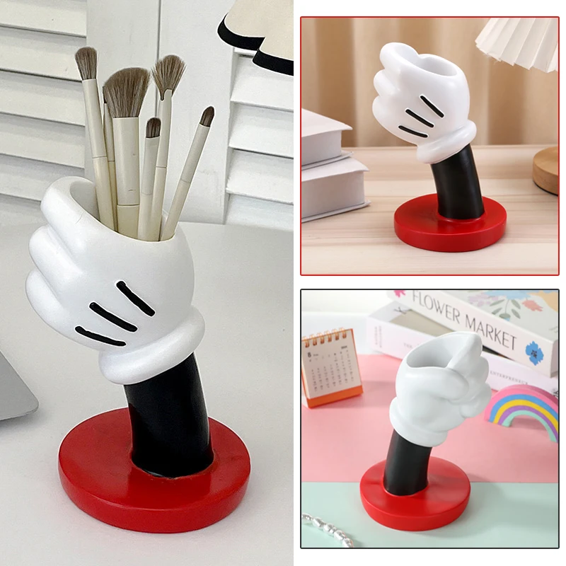 

Disney Mickey Mouse Holding Vase Desktop Ornaments DIY Model Collection Toys Makeup Brush Storage Box Student Pen Holder Gifts
