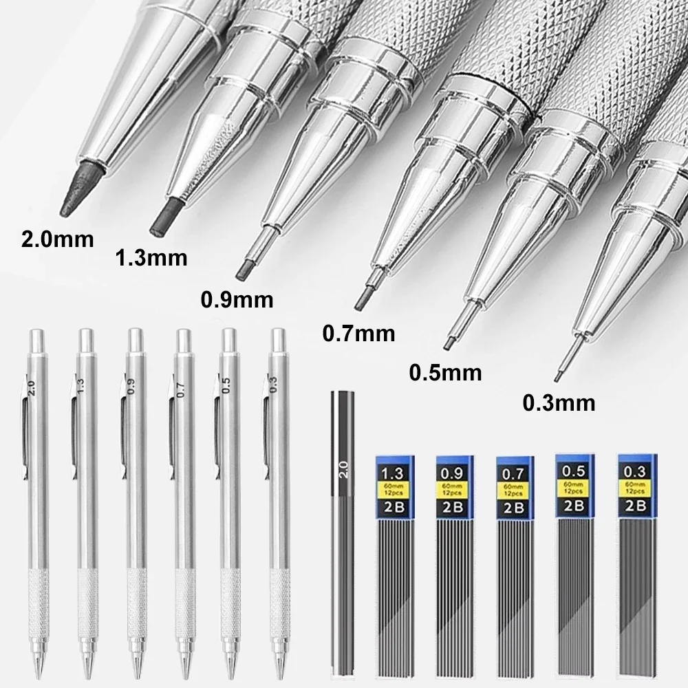 

Full Metal Mechanical Pencil Set Automatic Pencil with Leads 0.3 0.5 0.7 0.9 1.3 2.0mm HB Lead Refills for Drawing Writing