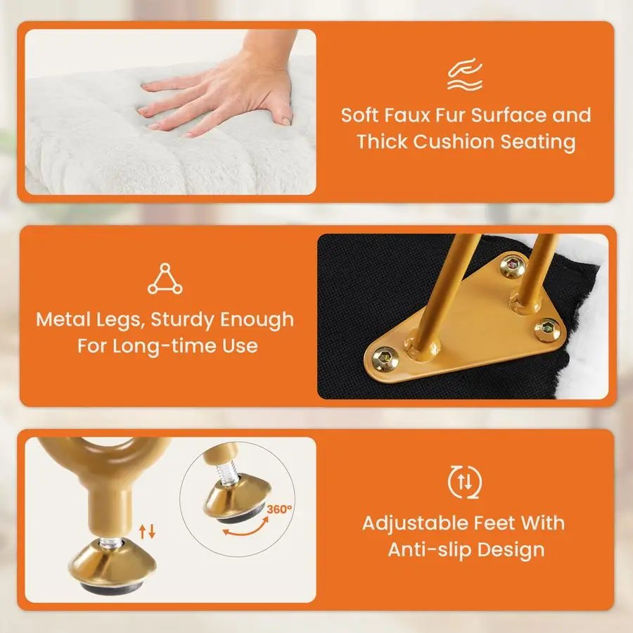 

Туалетный стул-пуфик с отсеком для хранения, мягкий пуфик из искусственного меха с подушкой, подставка для ног для макияжа, 4 металлические ножки, противоскользящие регулируемые опоры