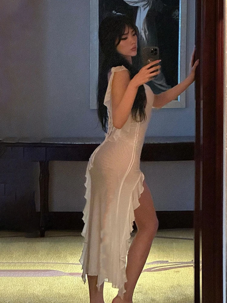 Bodycon Dress See Through Y2k Clothes Sleeveless Vestidos De Mujer Spaghetti Strap White Club Outfits For Women Sexy Streetwear