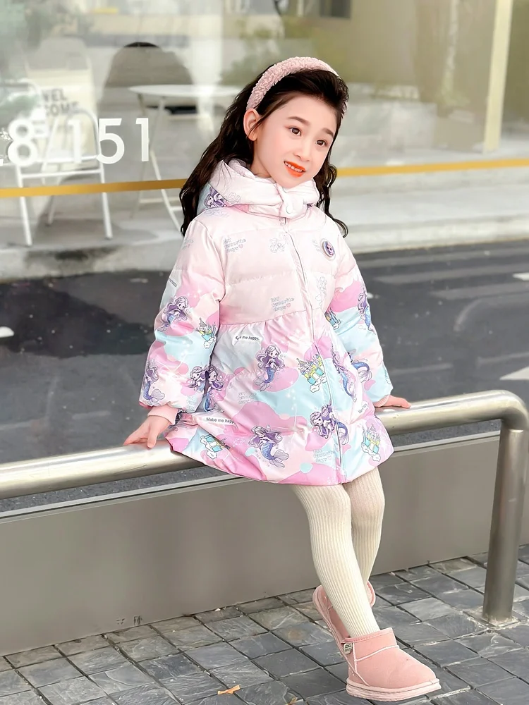 Meninas sereia para baixo jaet roupas de inverno das crianças 2025 novo doce dos desenhos animados thiened comprimento médio brilhante outerwear