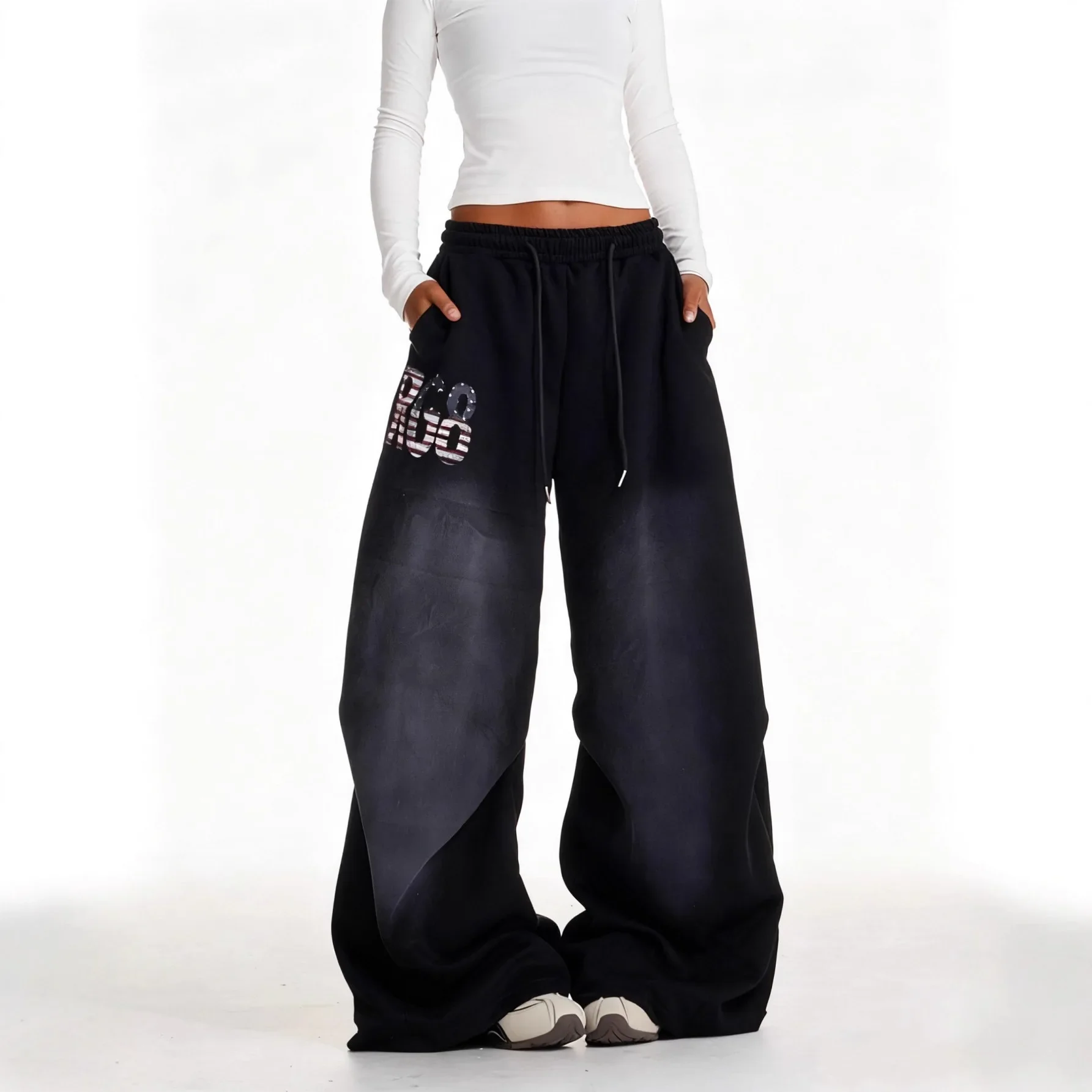 Retro Spice Girl Printed Black Casual Sweatpants Women's Autumn New Loose Versatile Dancing Wide Leg Pants