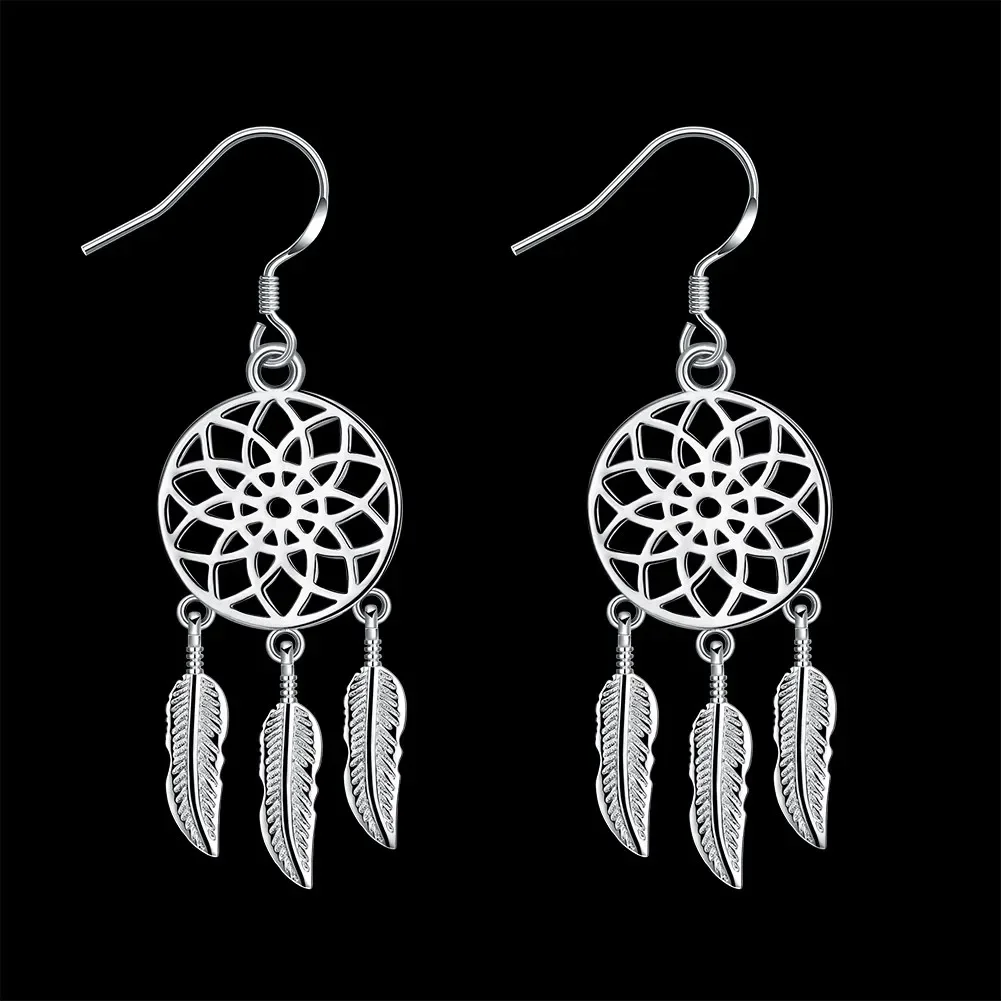 Hot High Quality 925 Sterling Silver Dream Catcher Feathers Earrings For Women Fashion Party Wedding Accessories Jewelry Gifts