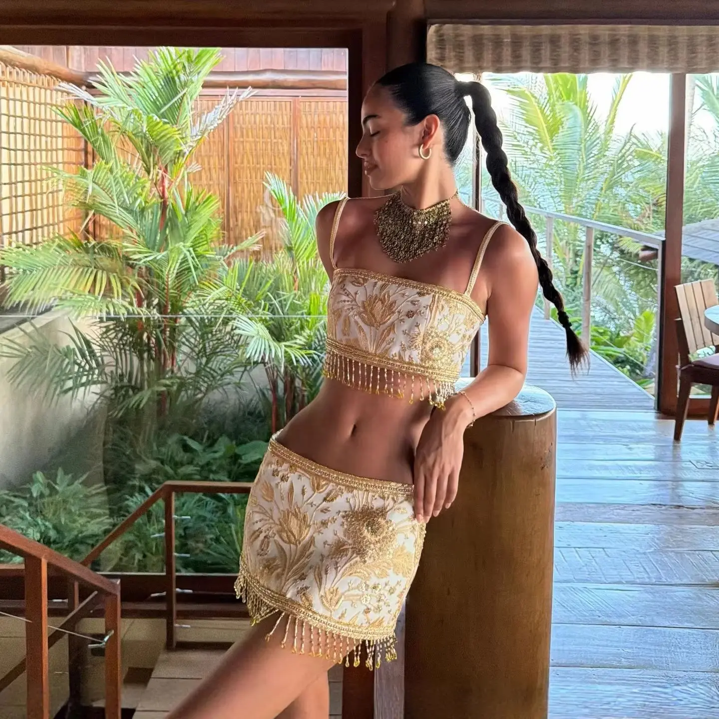 White Gold Floral Embroidered Two-Piece Beach Set with Tassel Hem