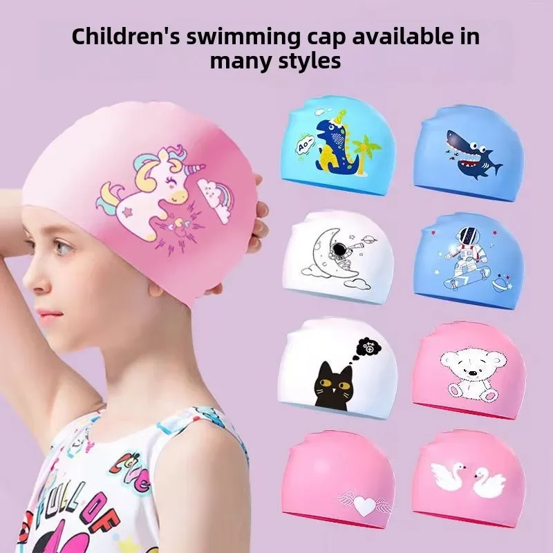 

Children's waterproof silicone underhead universal enlarged high elasticity cartoon printed swimming cap for boys and girls