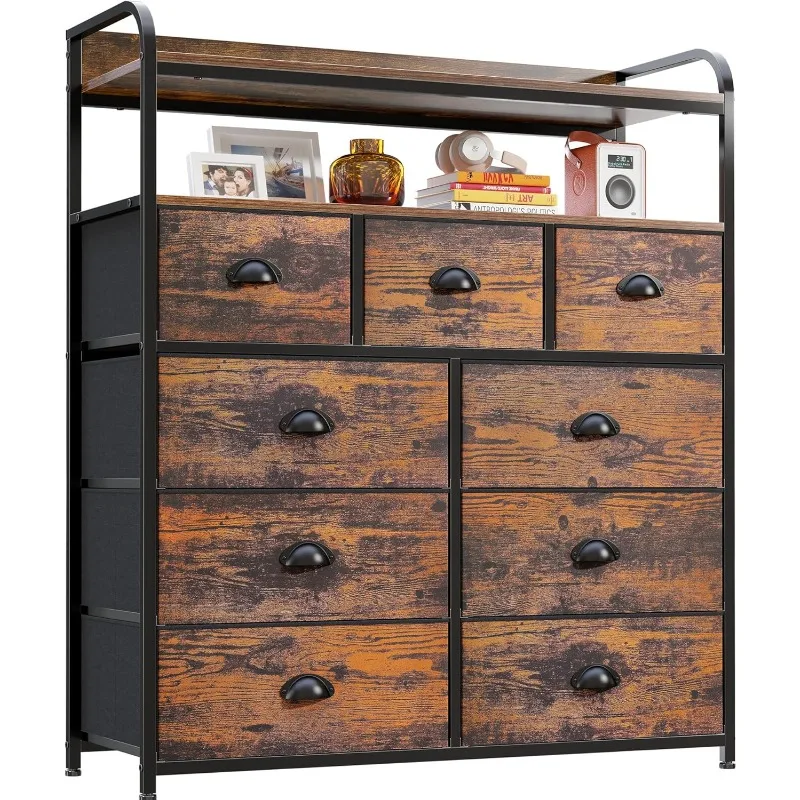 

Dresser, Tall Dressers for Bedroom with 9 Drawers, Dressers & Chests of Drawers for Bedroom with 2 Open Shelves and Metal Frame