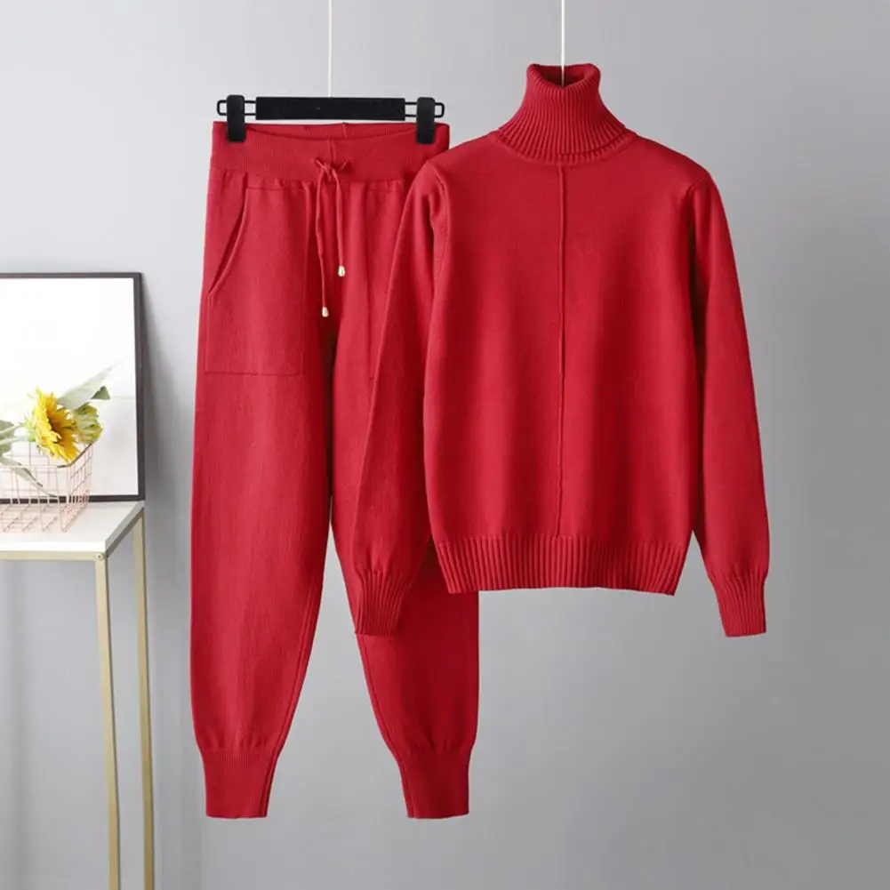 Two Piece Cashmere Autumn Winter Women Turtleneck Wool Sweater Suits Fashion Knitted Loose Pant Tracksuit Lady Warm Set