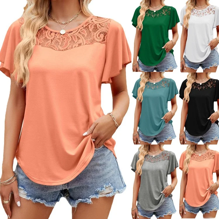 

Women's Cleanfit Sle Tirt Me Spliced Ruffled ort Sve Ladies Faion Summer Top 00% Other Material Linen Fabric
