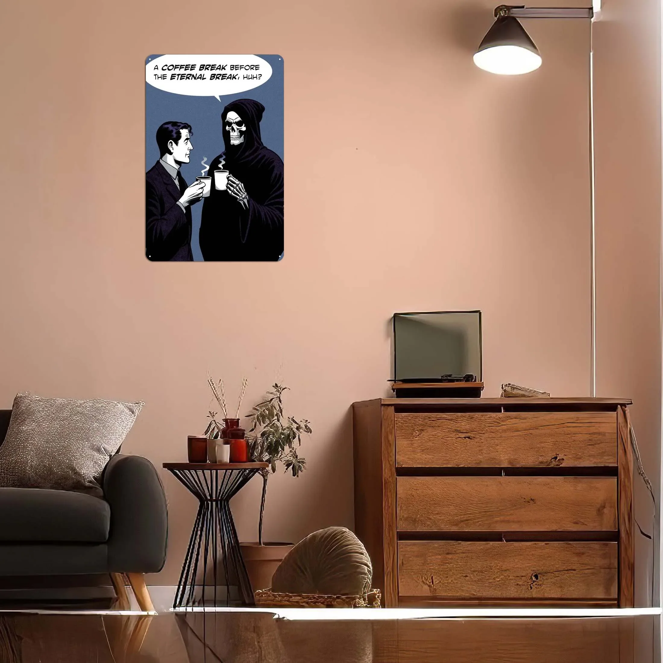 Grim Reaper Coffee Break Comics Metal Poster Gamer Room Decoration Vintage Funny Metal Tin Sign Plate for Wall Decoration Retro