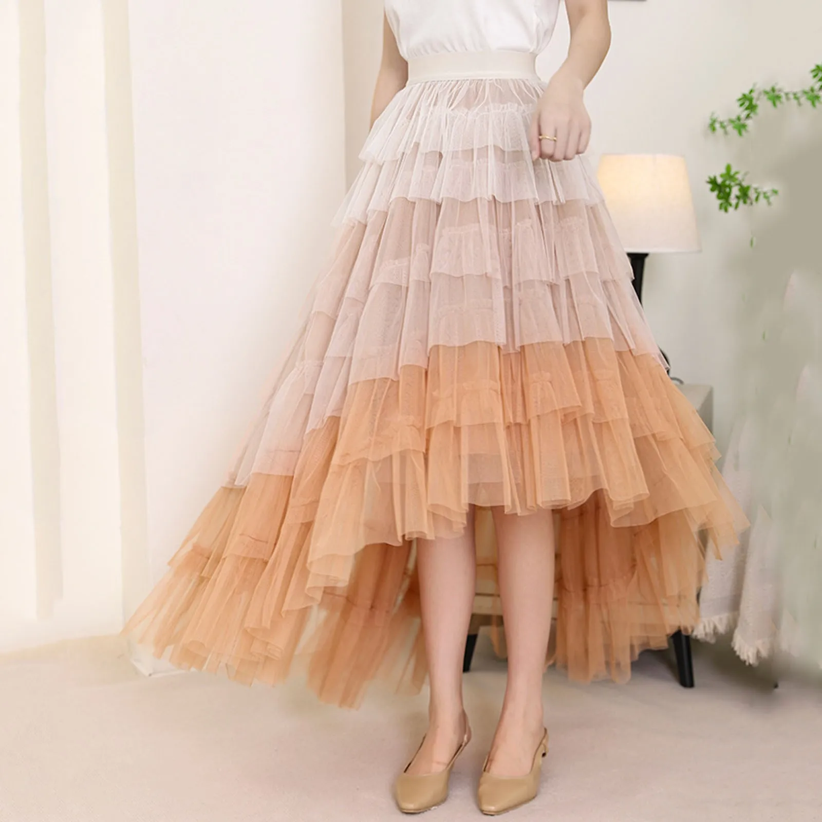 2024 New Women's Maillard Style Color Block Long Half Length Skirts Elegant High Waist Irregular Multi-layer Mesh Cake Skirt