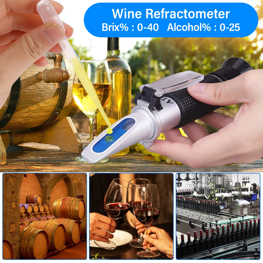 Yieryi 0~40% Brix 0~25% Alcohol Double Scale Wine Refractometer Handheld Sugar Concentration Meter ATC