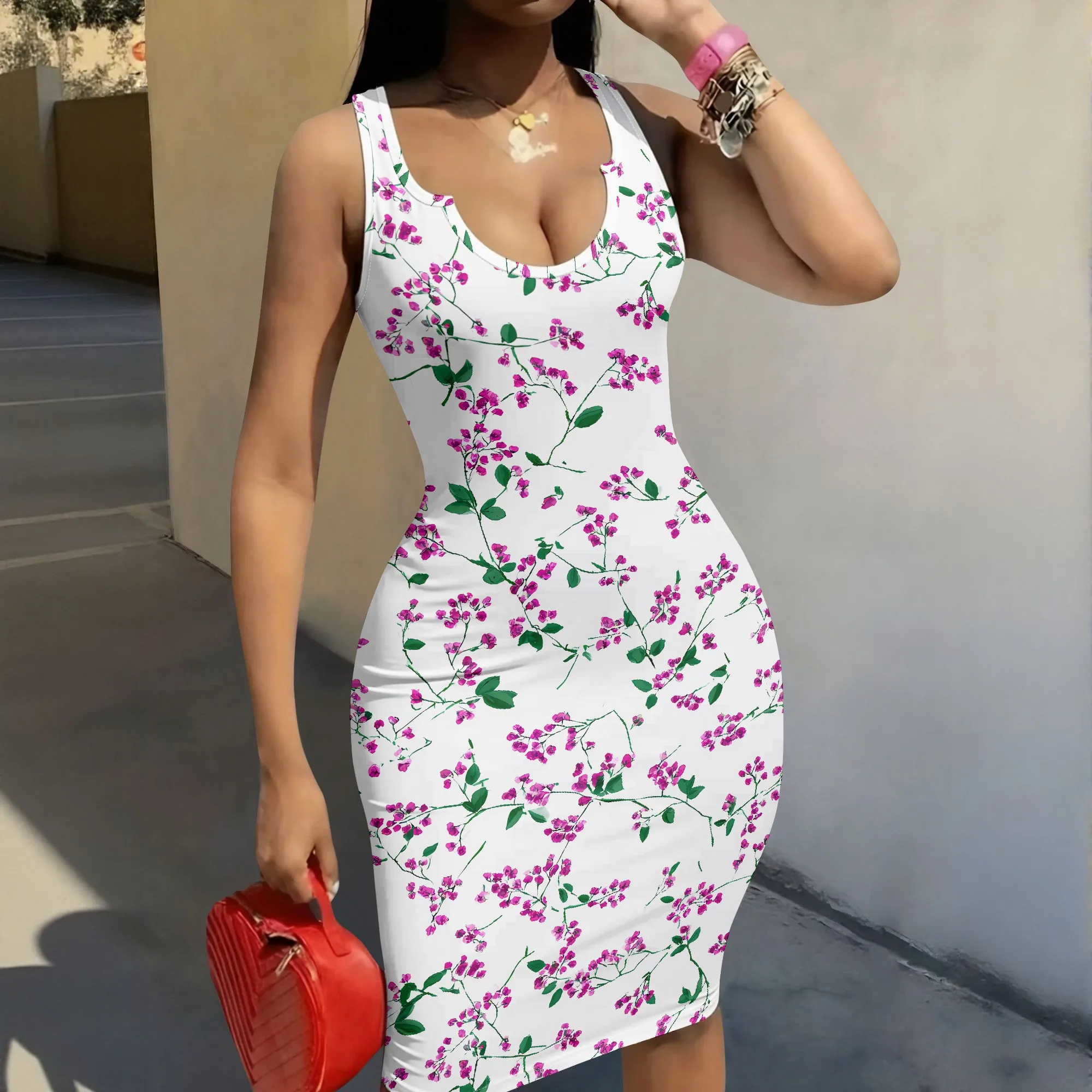 Floral Print Bodycon Dress, Pink Cherry Blossom Pattern Sleeveless Tank Dress, Summer Beach Vacation Party Wear for Women
