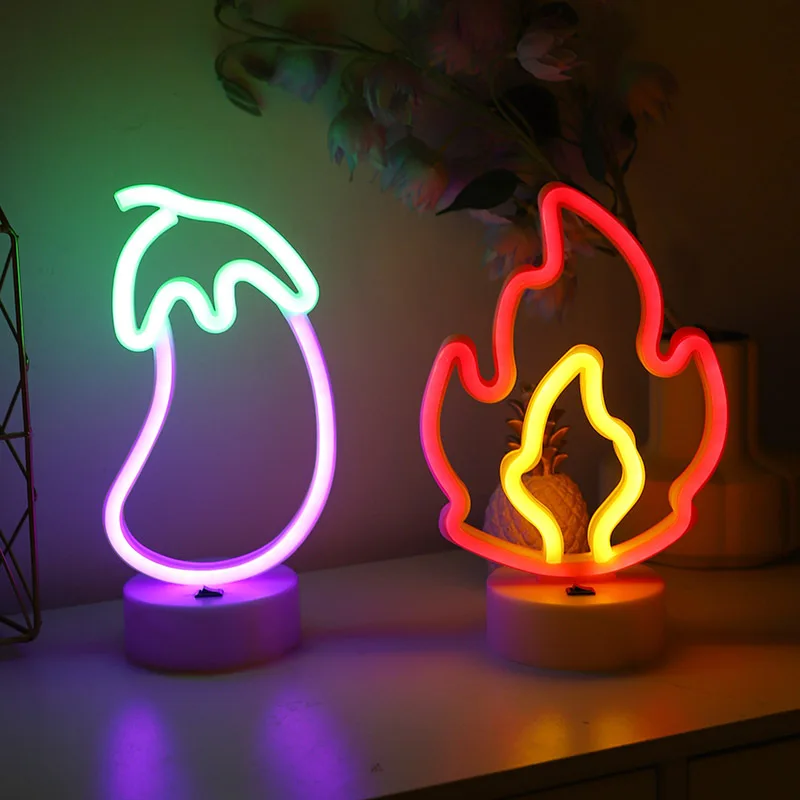 Flame Sign Neon Light LED Fire Flaming Logo Modeling eggplant Lamp Decor Shop Room Wall Table Bar Club Party USB & Battery Box