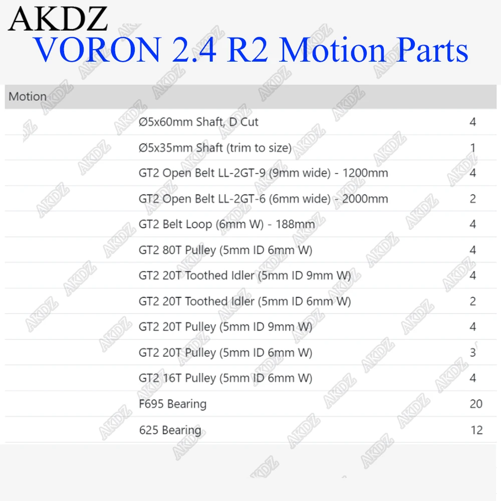 VORON 2.4 Motion Parts Set Corexy Motion Parts GT2 LL-2GT RF Open Belt 2GT 16T 20T Pulley Shaft Bearings