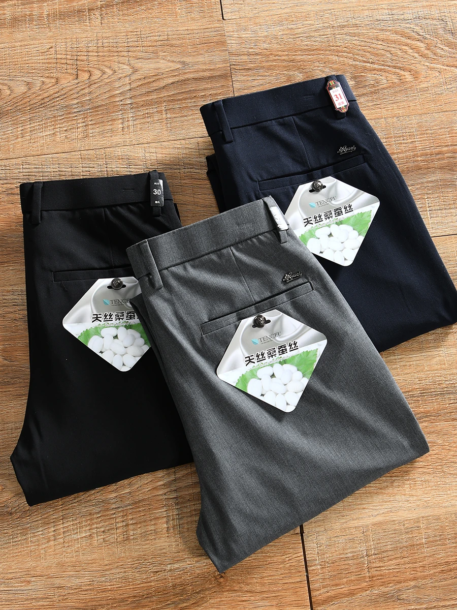 Slim Fit Silk Blend Casual Pants with Lucky Waist Straight Leg Spring Summer Men's Business Casual Trousers Trendy