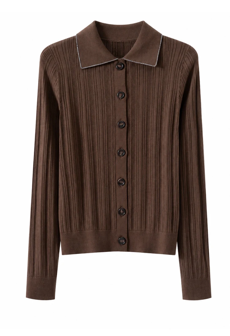 BY3621708 Damen-Strickjacke mit Polokragen, 100% Wolle, strukturiert, gerippt, lange Ärmel, Kragen mit Kettenverzierung, Kunstharzknöpfe, dezenter Luxus für den Herbst – Detail 16