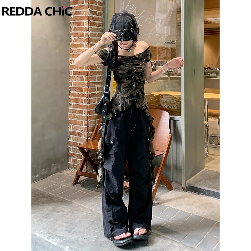 

ReddaChic 90s Retro Camouflage One-shoulder Top Women Irregular Ruffle Hem Shirred Slim Fit T-shirt Summer Harajuku Streetwear
