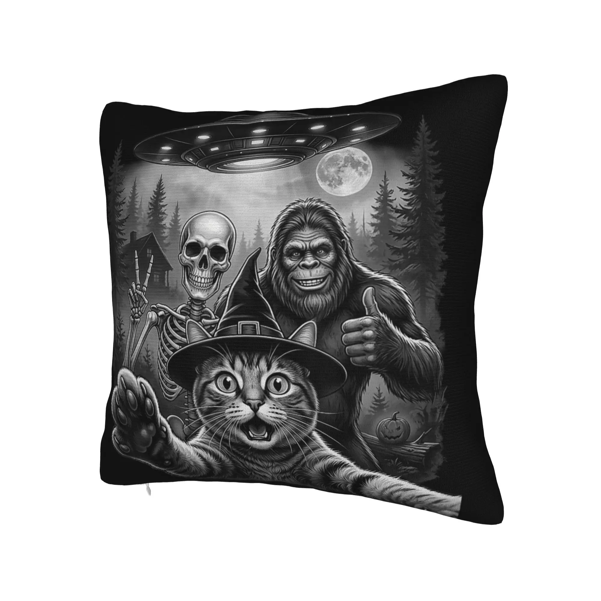 Pillow Cover Funny Selfie Cat Bigfoot Skeleton UFO Alien  Retro Trendy Pillow Case For Office Car Home Decor Pillowcases