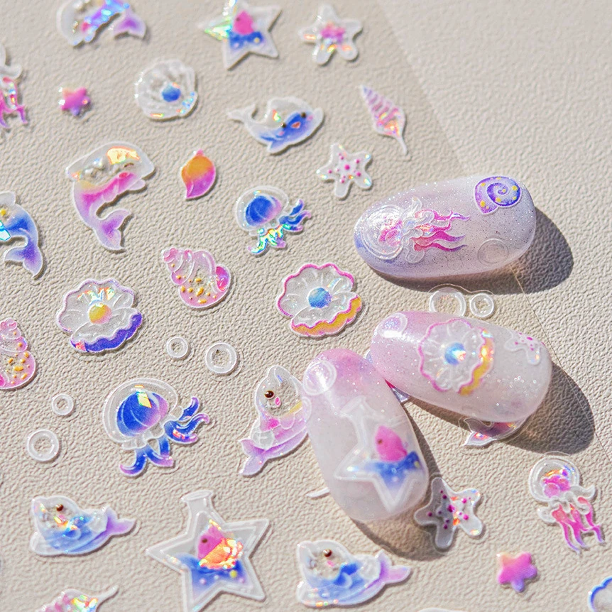 Summer Sea Glass Dolphin Starfish Dreamy Ocean Shell Jellyfish Beach Conch Star Decals Soft Relief Decorations Nail Art Stickers