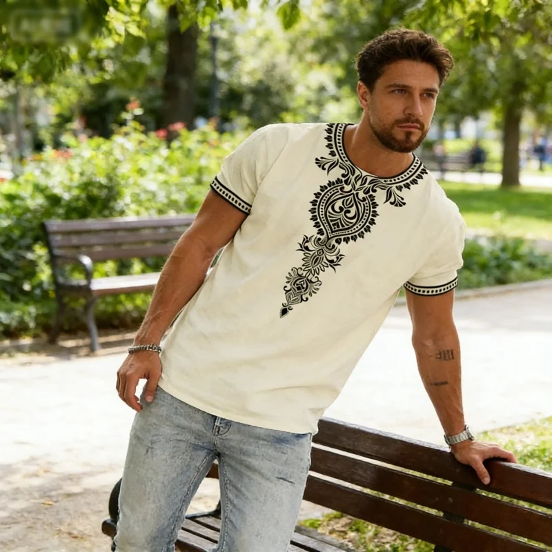 

Летняя мужская винтажная футболка в этническом стиле с принтом, модный уличный топ с круглым вырезом и коротким рукавом, повседневный праздничный топ больших размеров