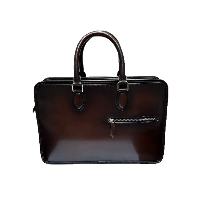 High-end retro large-capacity leather handbag imported calfskin ancient hand-polished